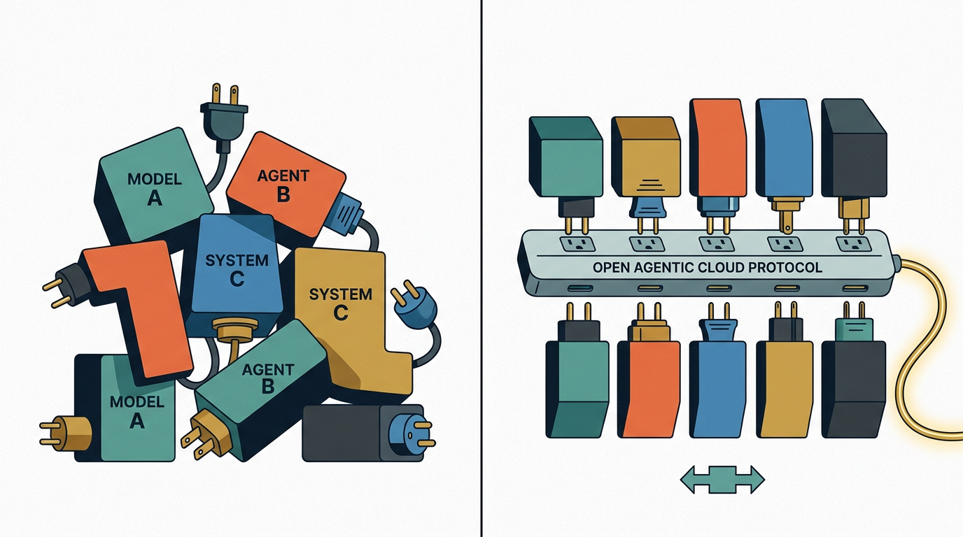 A two-paneled illustration. The left side shows a chaotic pile of colorful blocks labeled 'Model A', 'Agent B', and 'System C' with tangled power cords. The right side shows the same blocks neatly plugged into a single power strip labeled 'OPEN AGENTIC CLOUD PROTOCOL'.