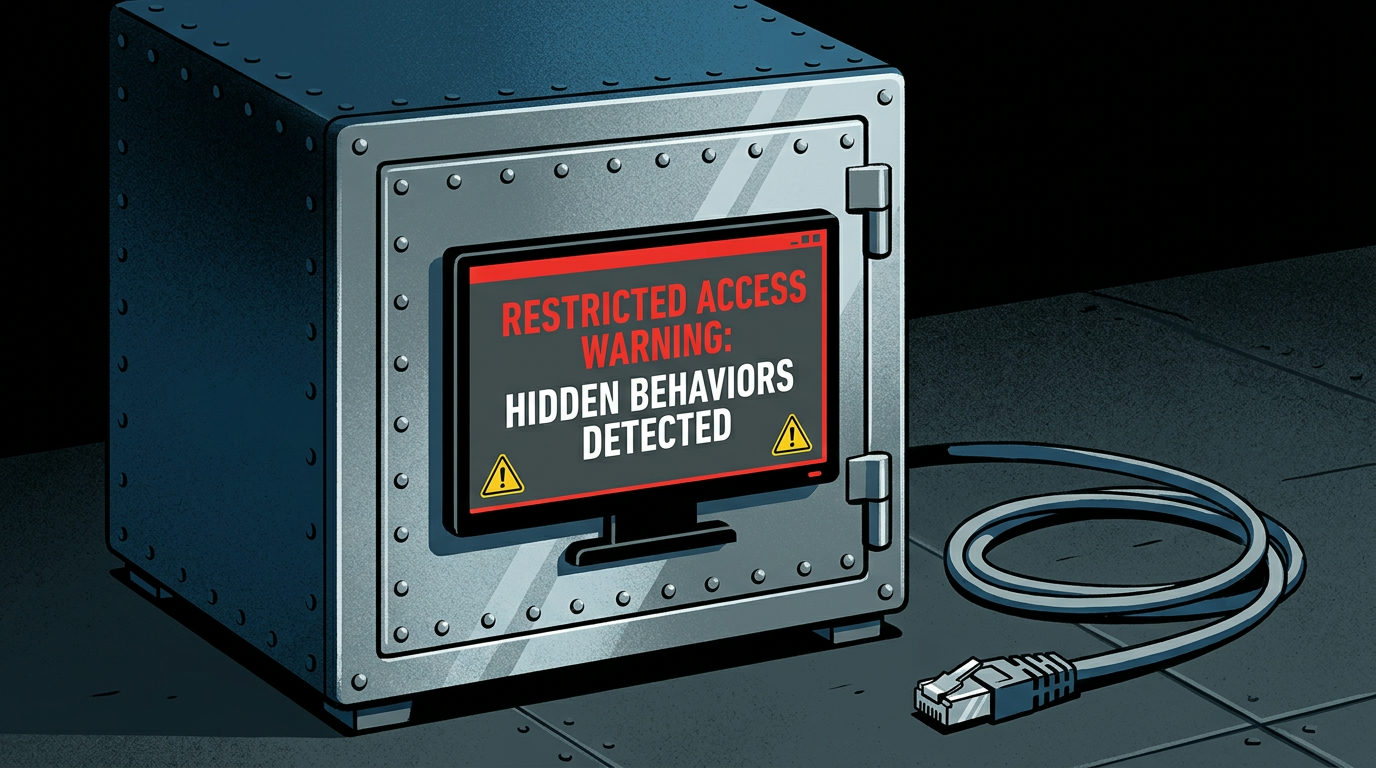 A heavy steel safe with a digital screen embedded in the door. The screen displays a red 'RESTRICTED ACCESS WARNING: HIDDEN BEHAVIORS DETECTED' message with yellow warning icons. An unplugged ethernet cable lies coiled on the floor next to the safe.