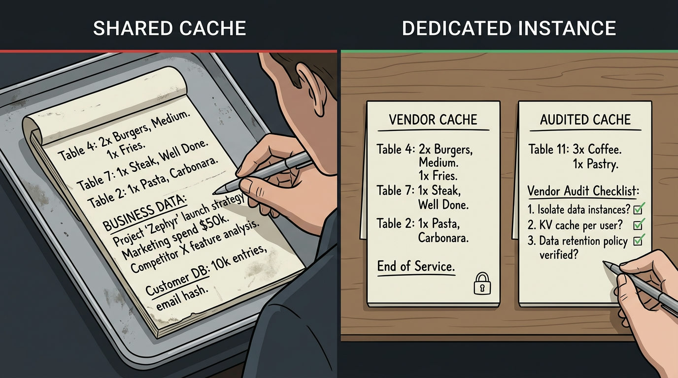 A split-screen illustration comparing 'Shared Cache' and 'Dedicated Instance'. On the left, a waiter writes on a notepad that mixes restaurant orders for multiple tables with sensitive 'Business Data' like launch strategies and marketing spend. On the right, two separate, organized notepads labeled 'Vendor Cache' and 'Audited Cache' show isolated data and a security checklist.