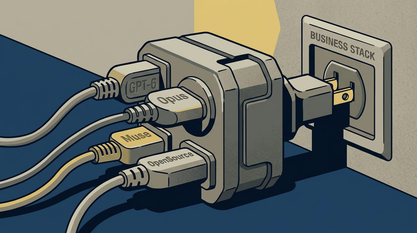 A stylized illustration of a large multi-port power adapter plugged into a wall socket labeled 'BUSINESS STACK'. Four different cables are plugged into the adapter, with their connectors labeled 'GPT-6', 'Opus', 'Muse', and 'OpenSource'.