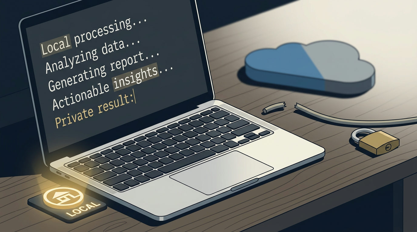 An illustration of a laptop on a wooden desk. The screen displays text about local processing and private results. A glowing 'LOCAL' icon sits next to the laptop, while a severed cable leads to a cloud symbol in the background. A brass padlock sits on the desk.