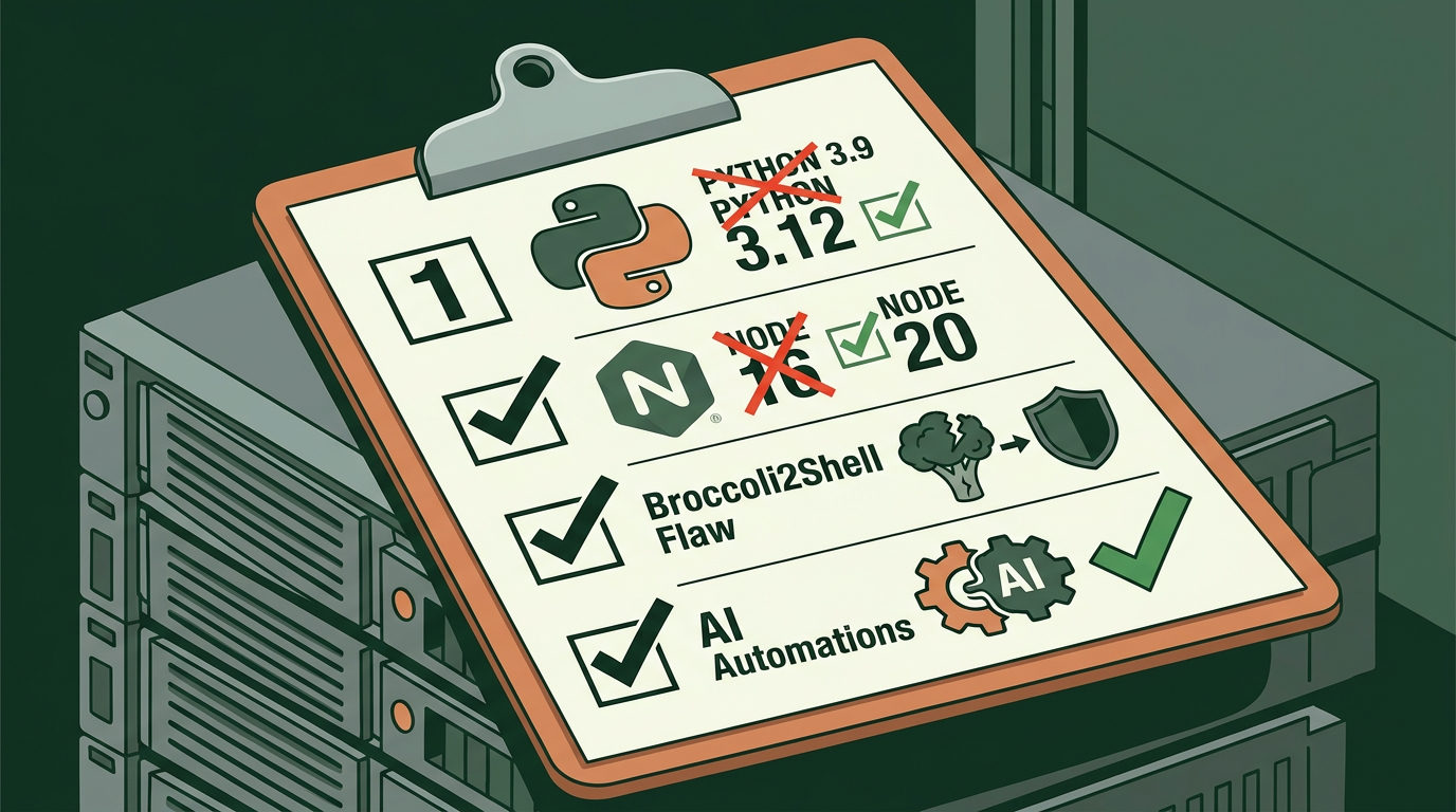 An illustration of a clipboard with a four-point checklist resting on top of server hardware. The checklist shows Python 3.9 crossed out and replaced with 3.12, Node 16 crossed out and replaced with 20, a 'Broccoli2Shell Flaw' item with a shield icon, and an 'AI Automations' item with a gear icon.