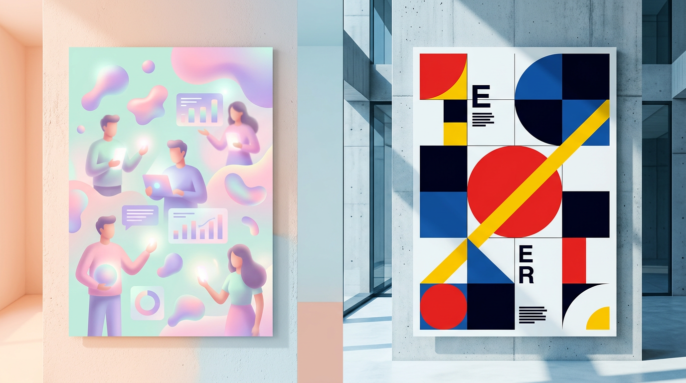 A side-by-side comparison of two posters hanging on a wall. The left poster features a soft, pastel-colored 3D illustration of people interacting with glowing data bubbles and charts. The right poster is a stark, geometric Bauhaus-style design with bold primary colors (red, blue, yellow) and black shapes on a white background.