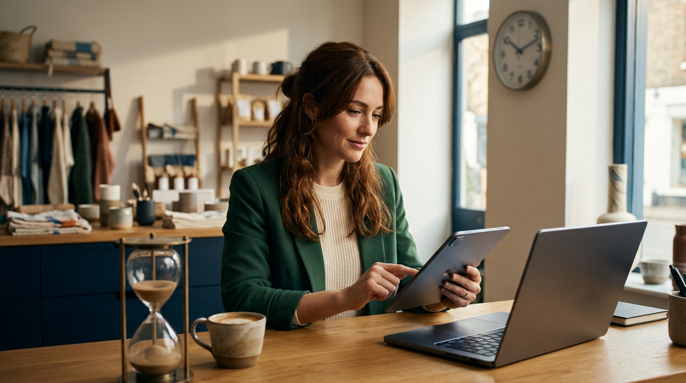 Small business owner looking at a laptop showing data charts and time savings metrics.