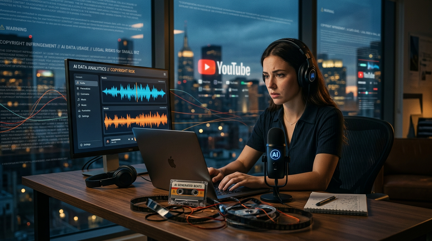 A person reviewing legal documents next to a computer showing AI music generation software.