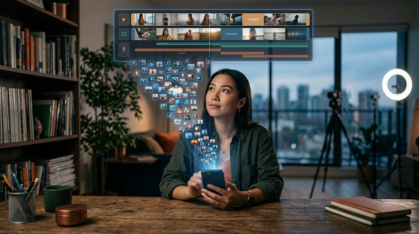 A person holding a smartphone displaying an automated video editing interface for social media