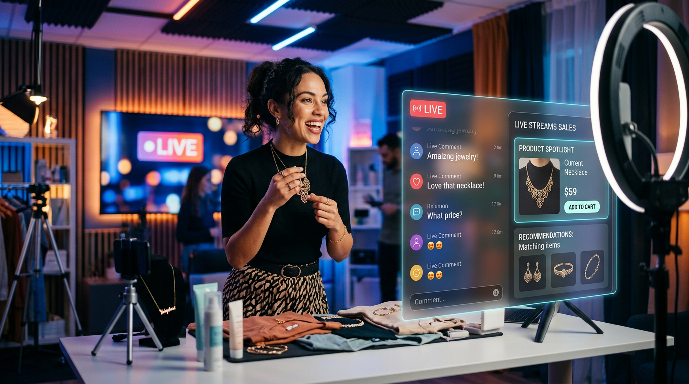 A person using a smartphone to watch a live shopping stream with product recommendations popping up.