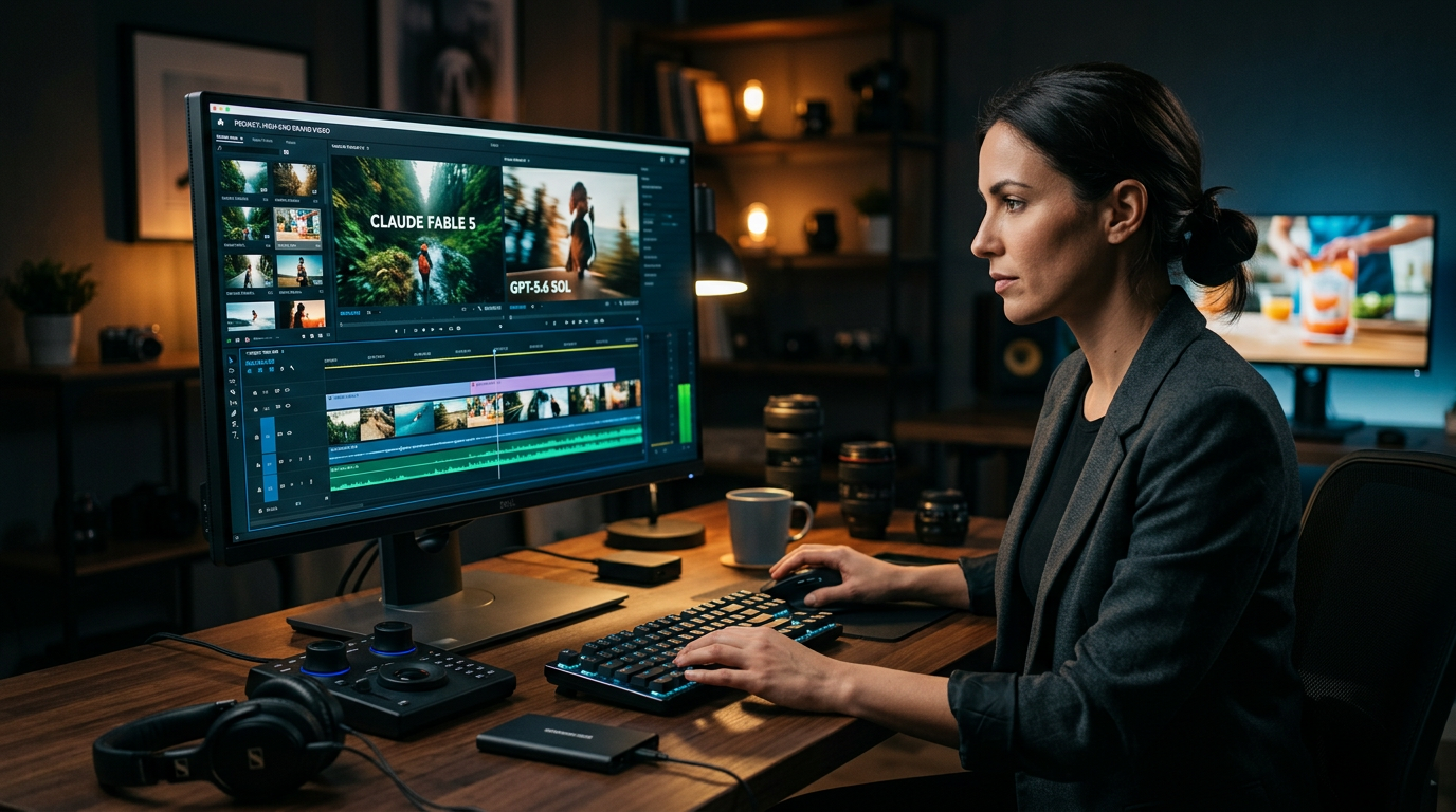 A small business owner using a laptop to generate high-end cinematic video clips for a brand advertisement.