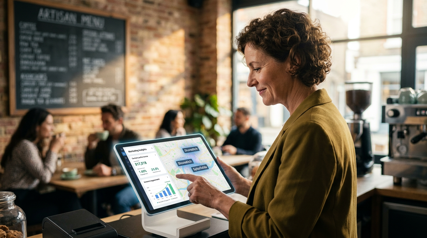 A professional desk with a laptop showing regional marketing data and AI icons.