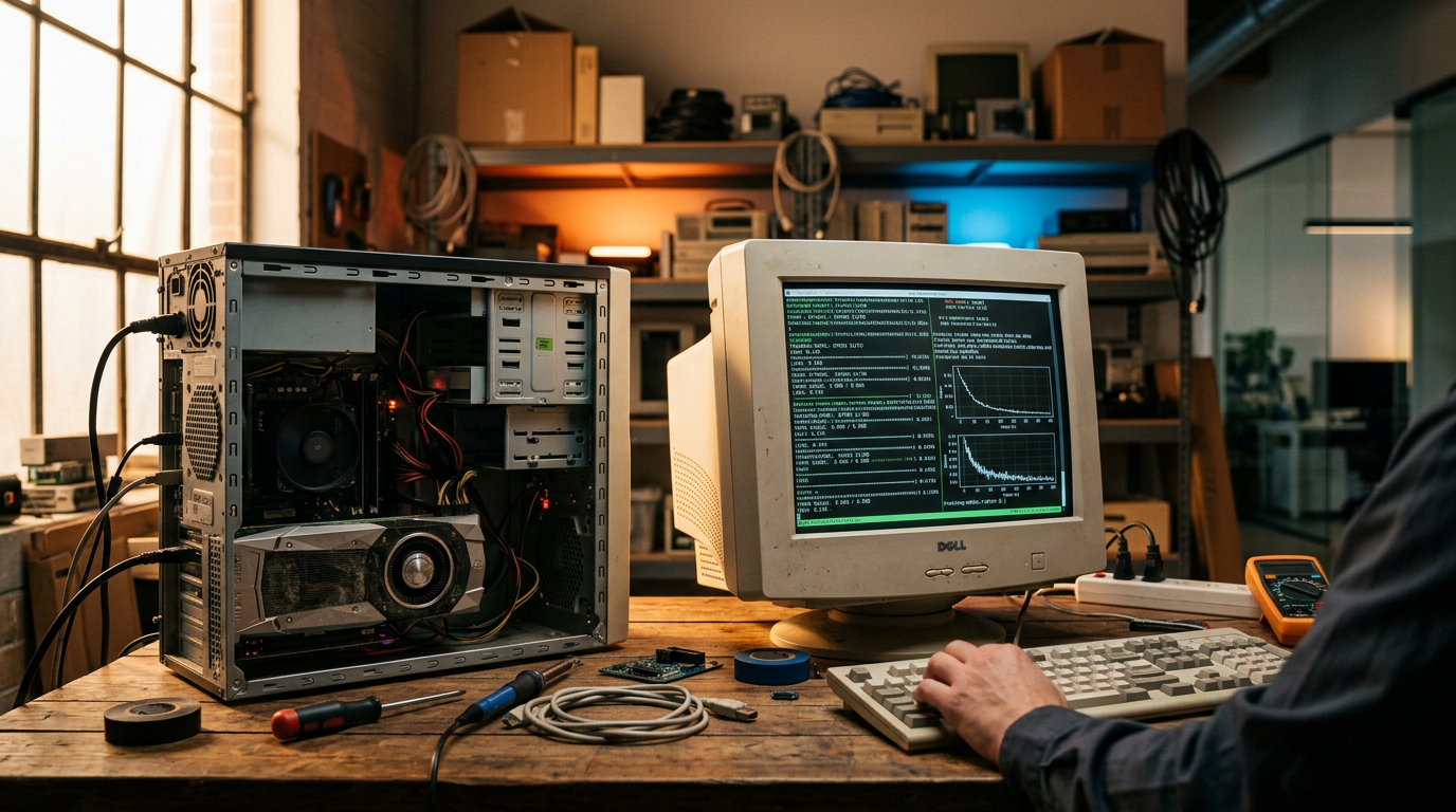 An old desktop computer tower being used for local AI model training