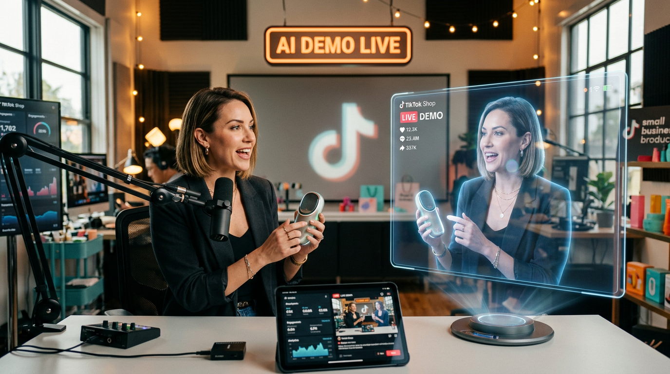 A digital screen showing a person's AI avatar next to product sales data