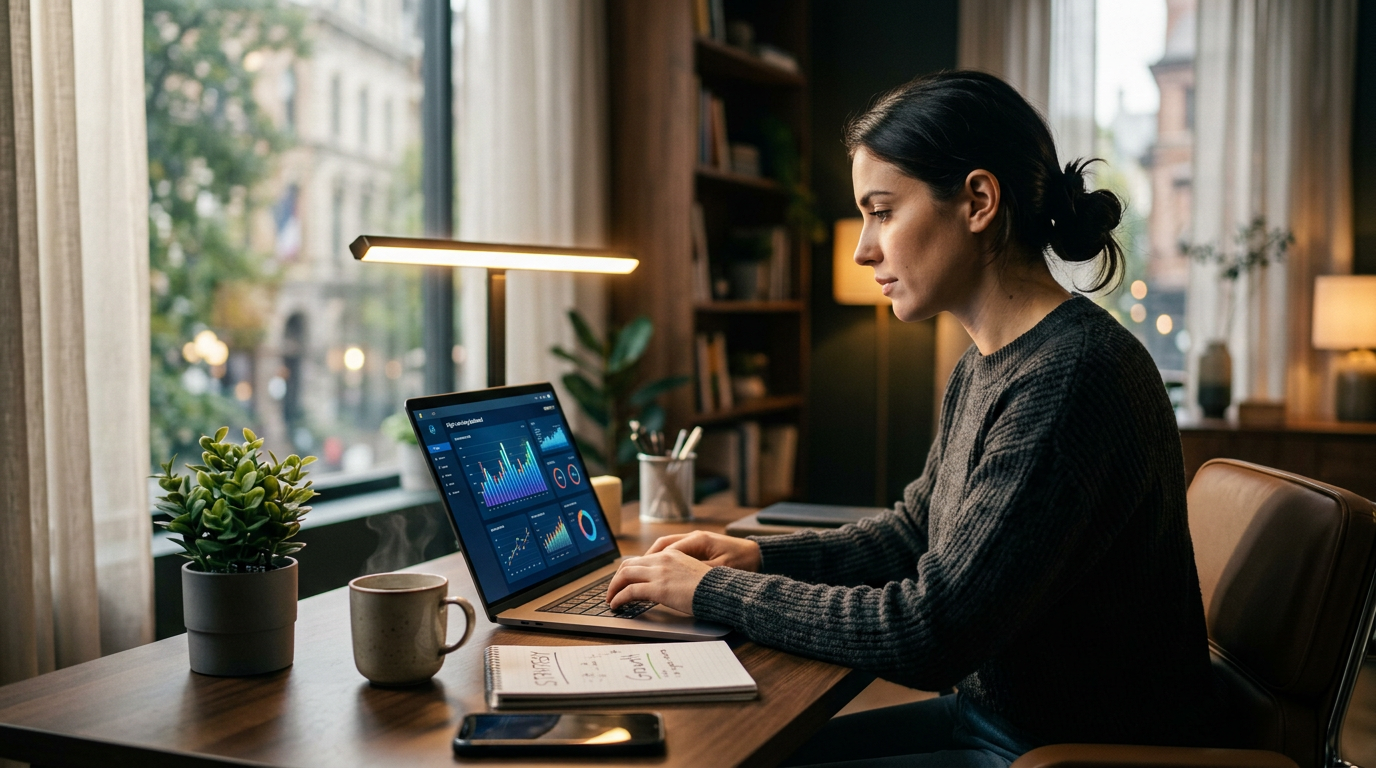A business owner sitting at a desk using a laptop to manage an automated AI marketing system.