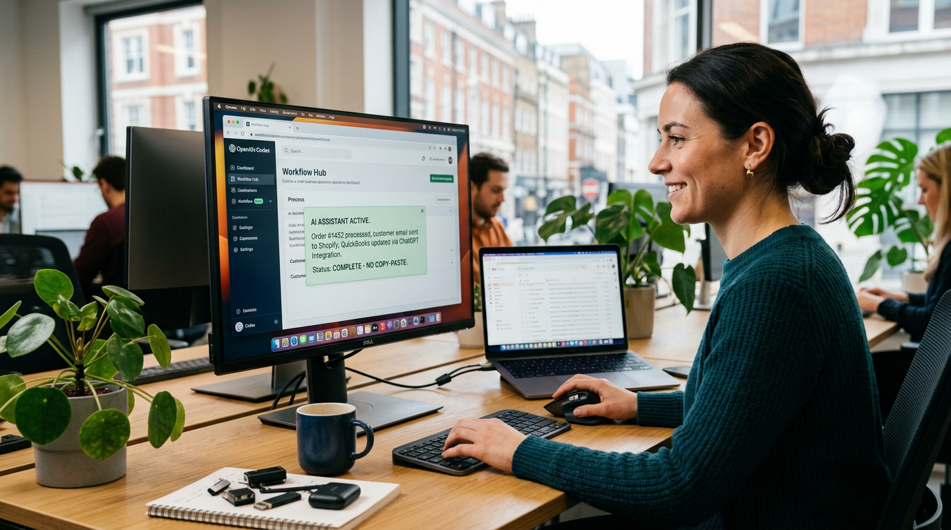 A person using a smartphone to manage business tasks with automated software icons floating above.