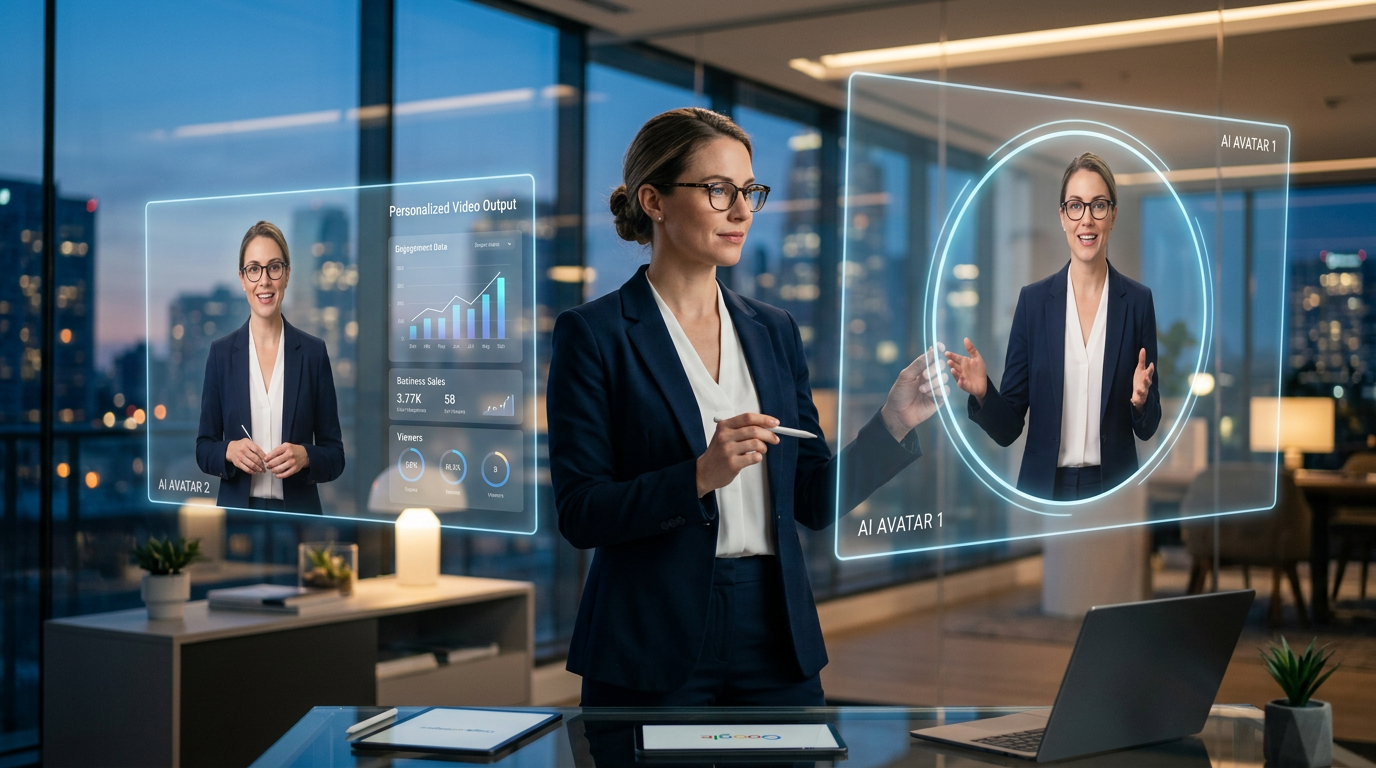 A laptop screen showing a business owner creating a digital AI avatar in Google Vids.