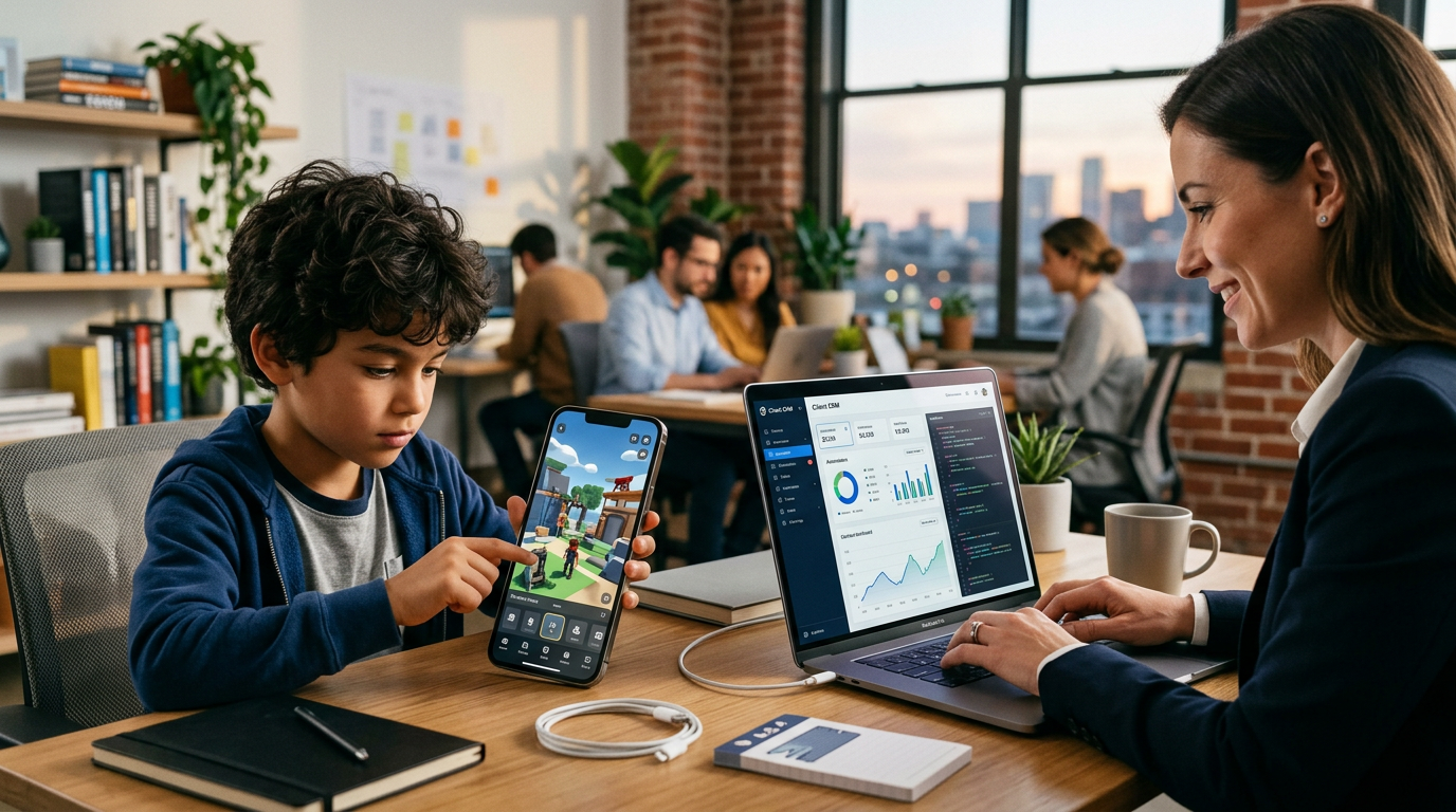 A small business owner using a smartphone to build custom AI software tools for their company.