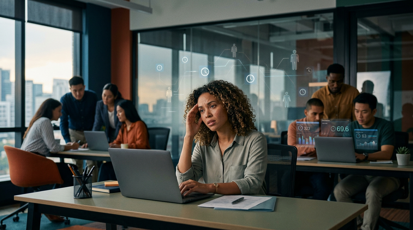 A small business owner sitting at a table discussing work tasks with a supportive employee.