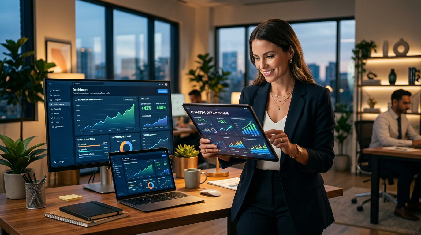 Retail store owner looking at a tablet showing 42% conversion rate growth from AI traffic.