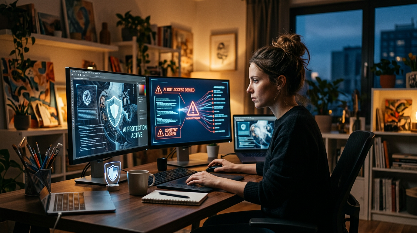 A digital shield protecting a website icon from robotic computer claws attempting to scrape data.