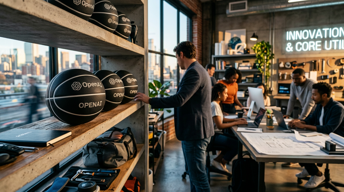 A basketball sitting on a desk next to a laptop showing a chat interface.
