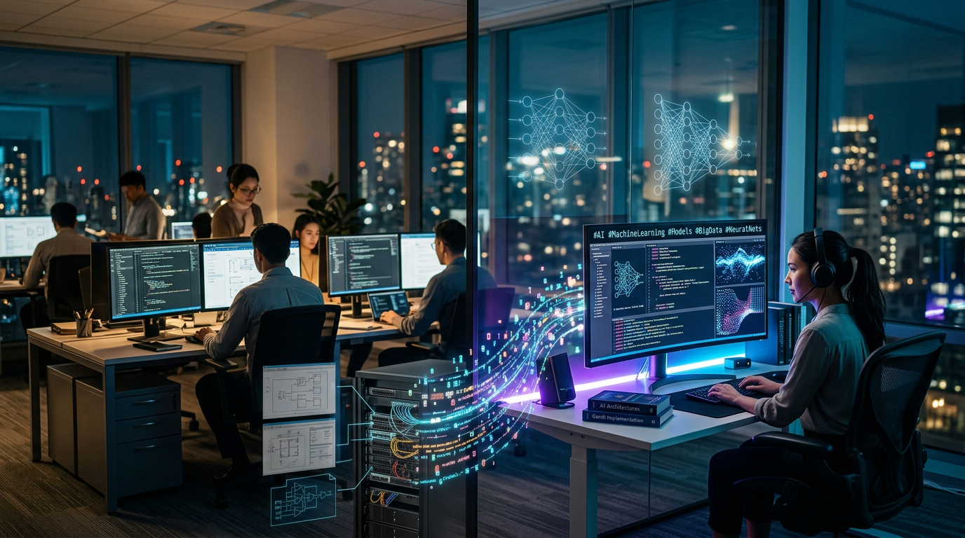 A professional person sitting at a desk using AI tools to automate business tasks.