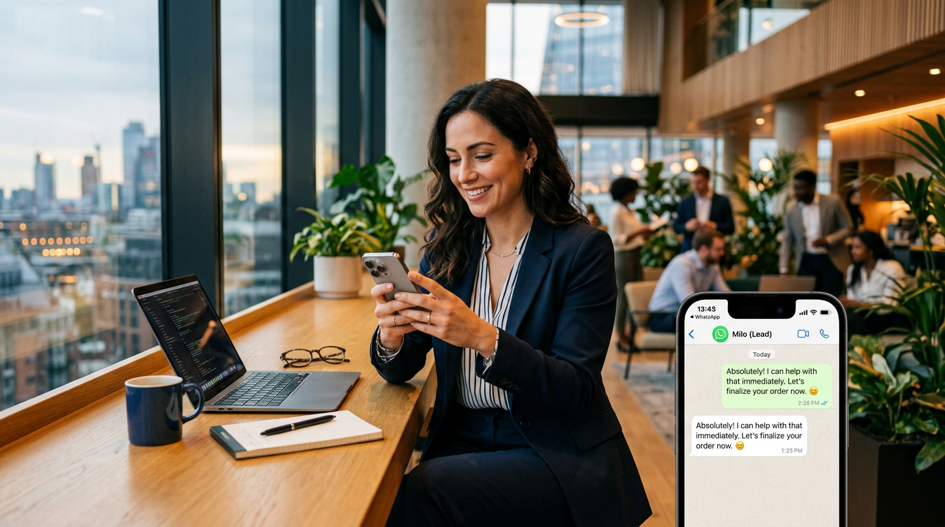 A smartphone screen showing a WhatsApp business chat window with automated AI responses for a customer.