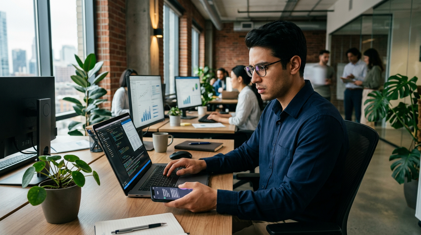 A small business owner reviewing a digital report with a team member in an office.