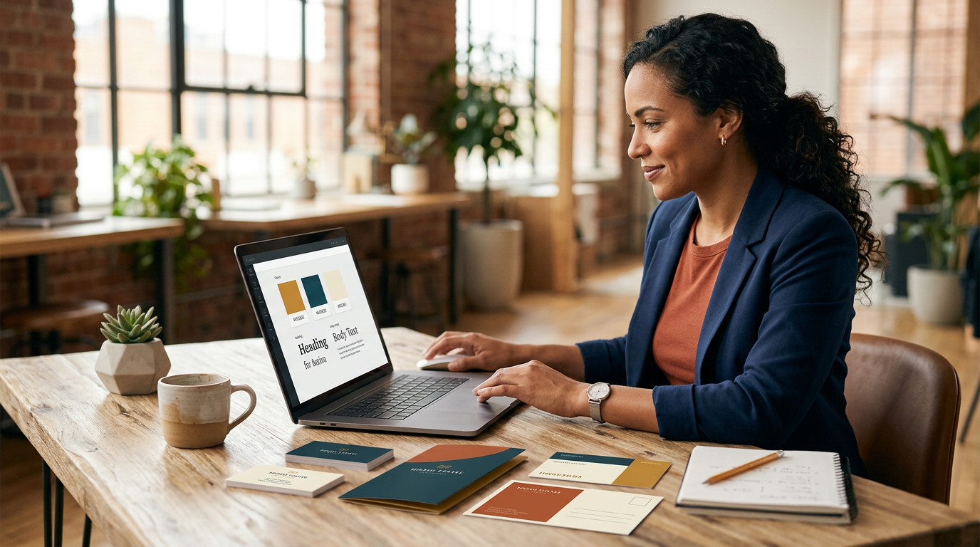 A small business owner using a laptop to organize brand colors and marketing templates.