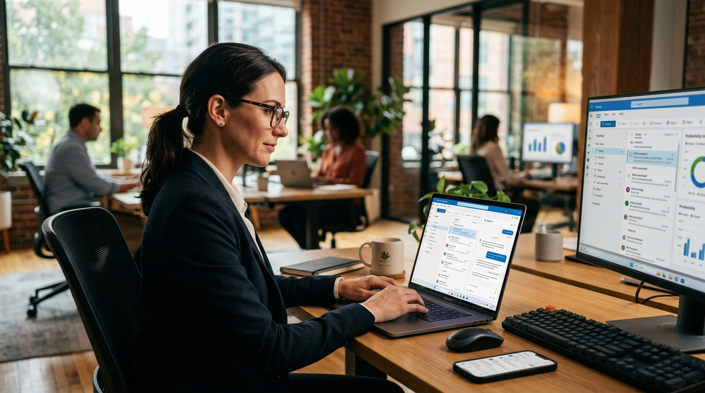 A person using a laptop with Microsoft 365 apps open to manage business tasks.