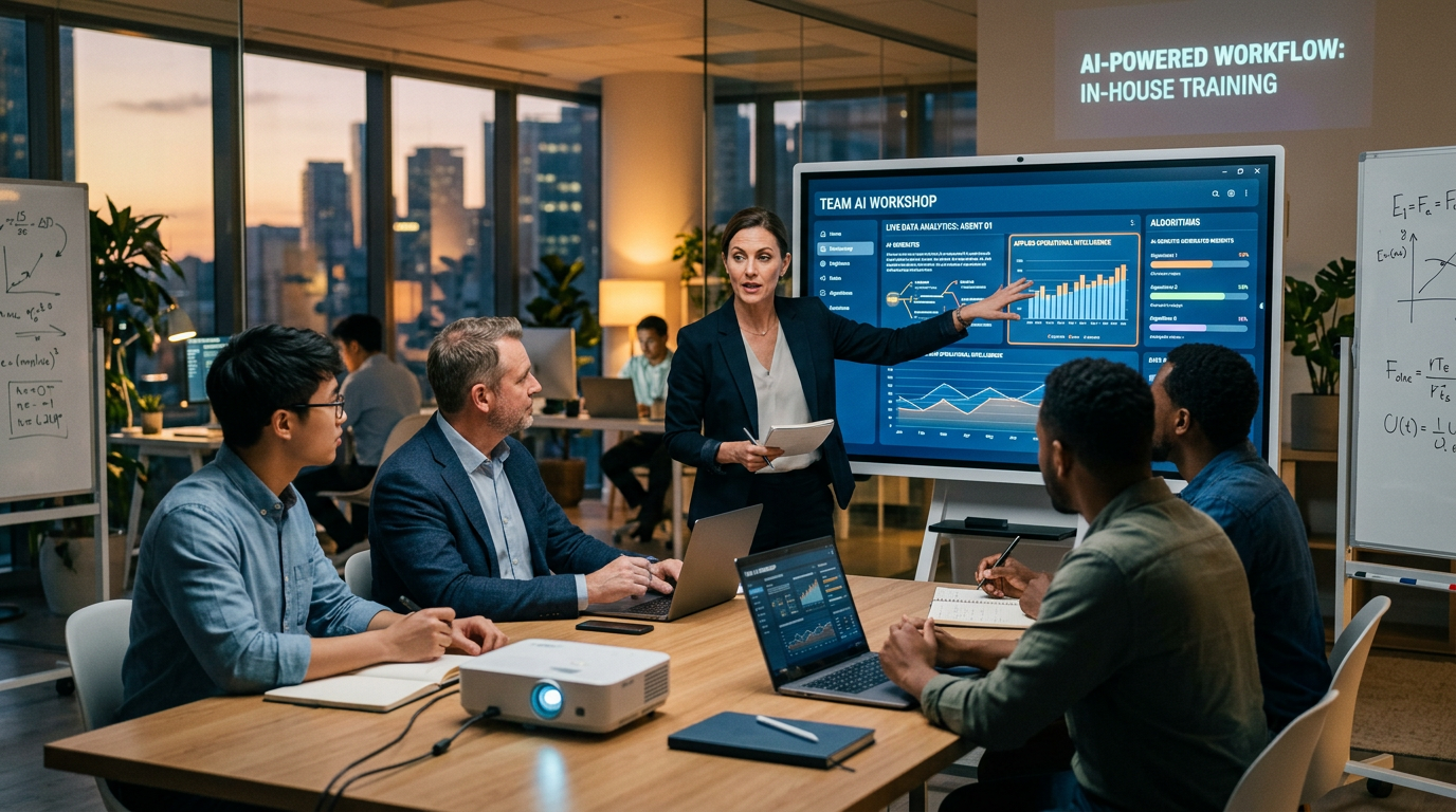 A small business team collaborating on digital tools in a modern office setting.