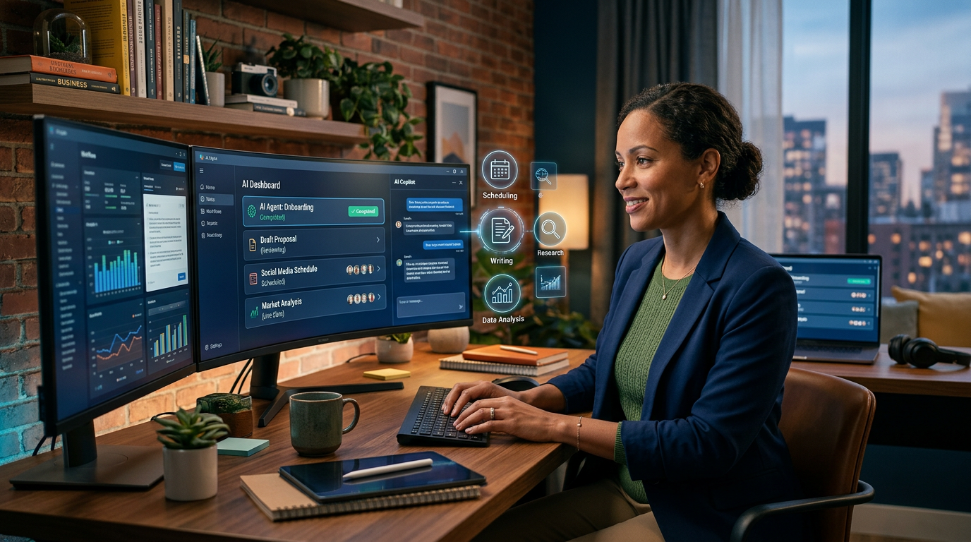 A small business owner sitting at a desk with digital icons representing AI tasks floating nearby.
