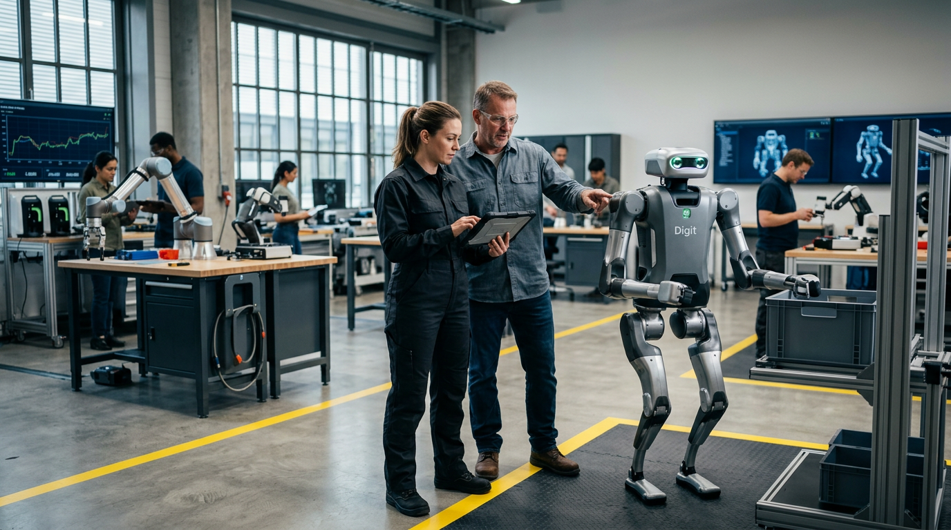 A modern warehouse floor with standardized bins and digital tracking systems for future AI robotics integration.