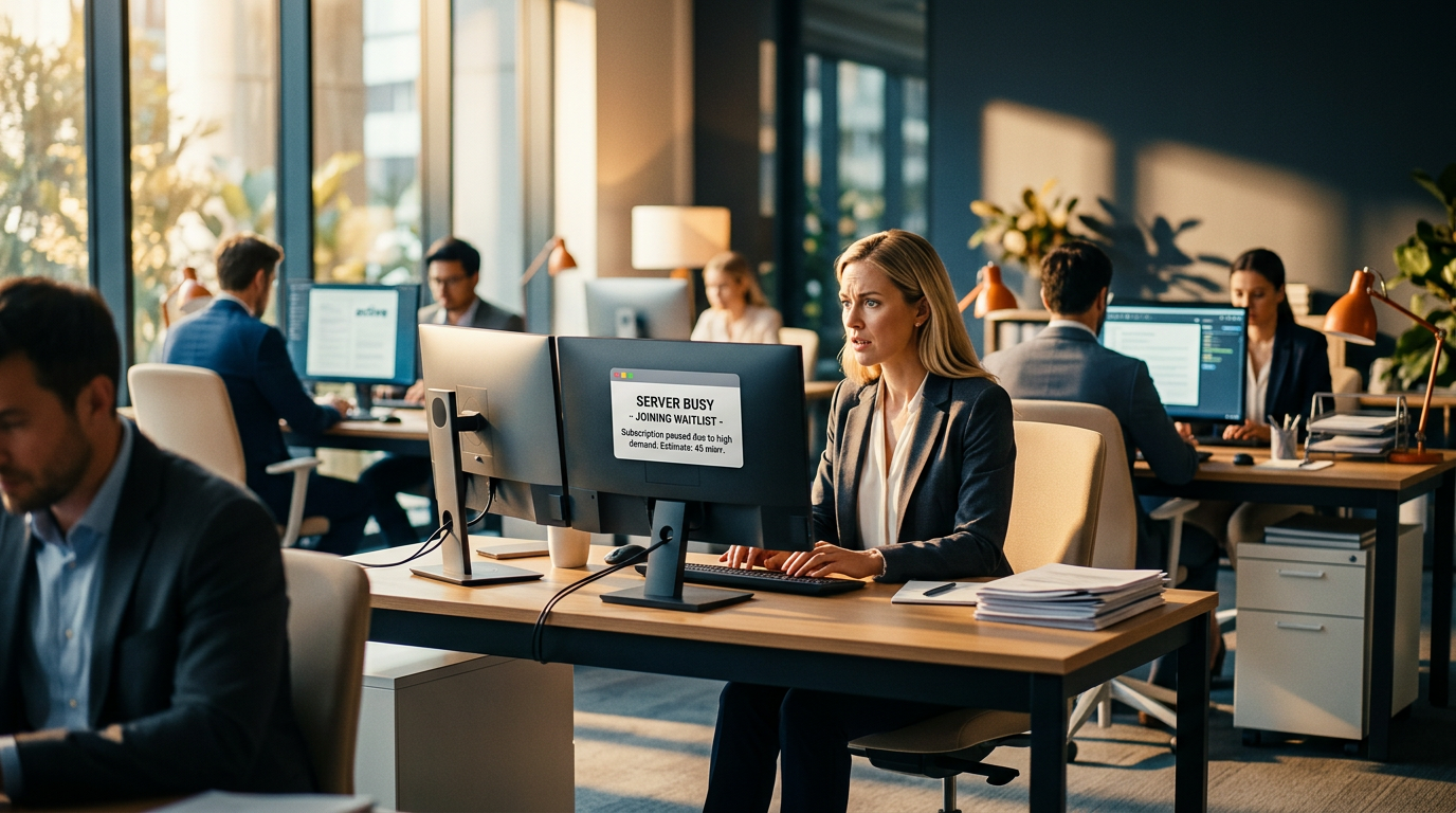 A person sitting at a desk with two computer monitors showing different AI interfaces