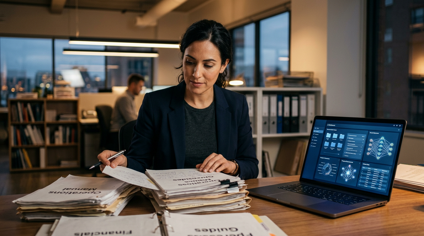 A person organizing a stack of business folders next to a laptop computer
