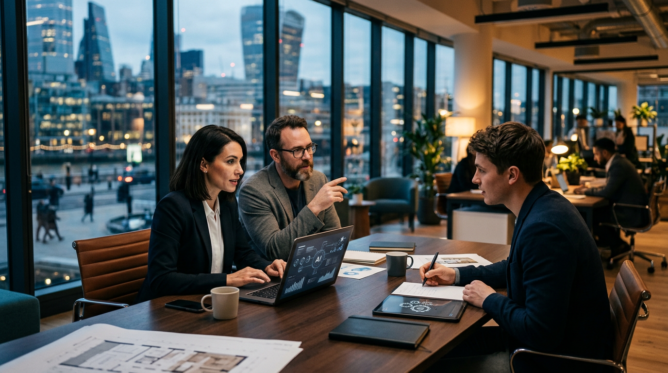 A small business owner using AI software to analyze business data and automate workflows.