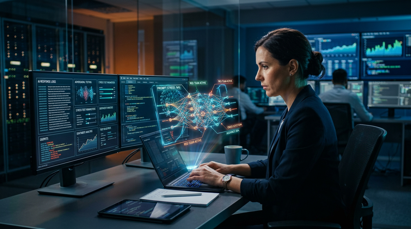 A person sitting at a desk carefully reviewing AI responses on a computer screen for accuracy.