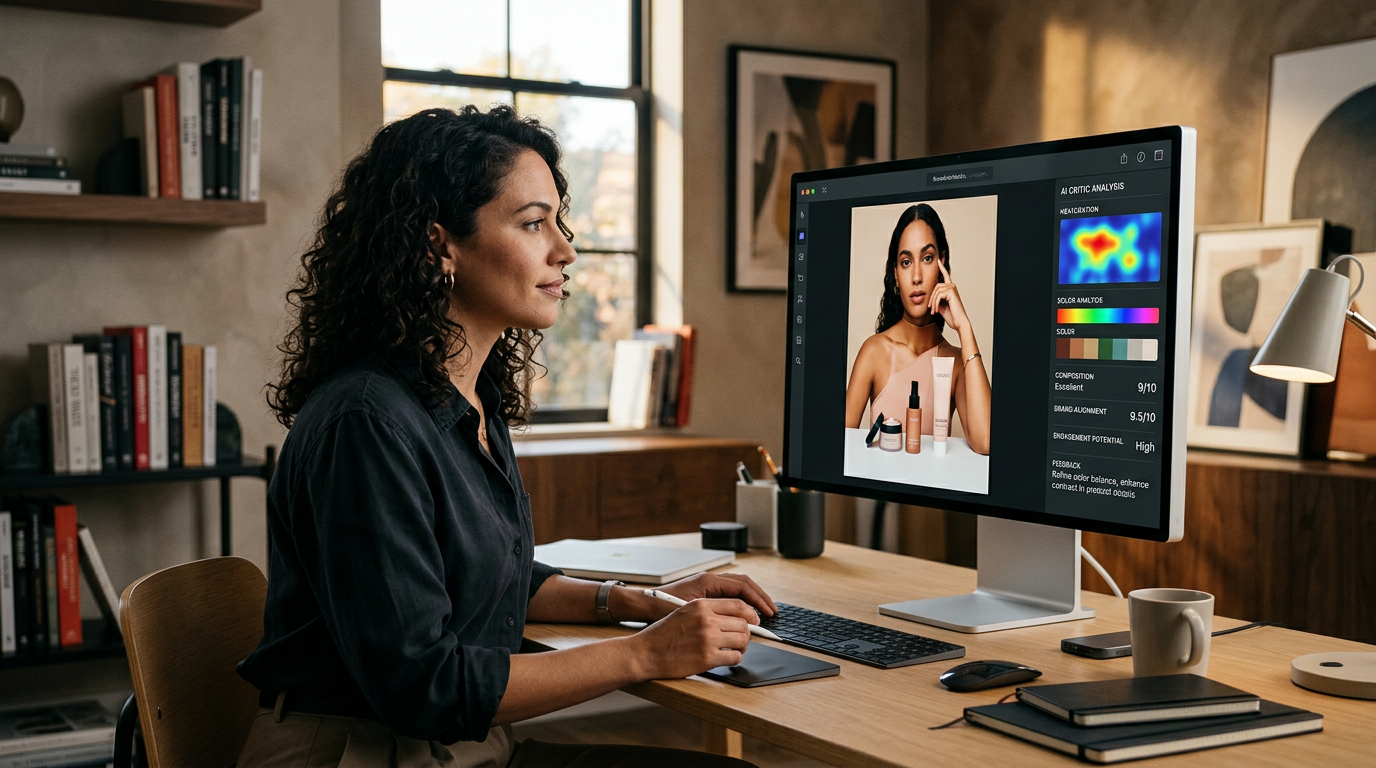 A person using a smartphone to take a photo of a product with AI feedback icons on screen.