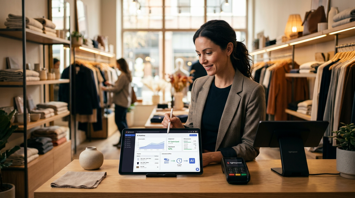 A retail store owner using a tablet to check automated inventory reports in a modern shop.