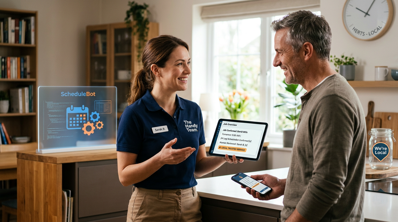 A digital calendar with an AI icon booking a service appointment for a local business.