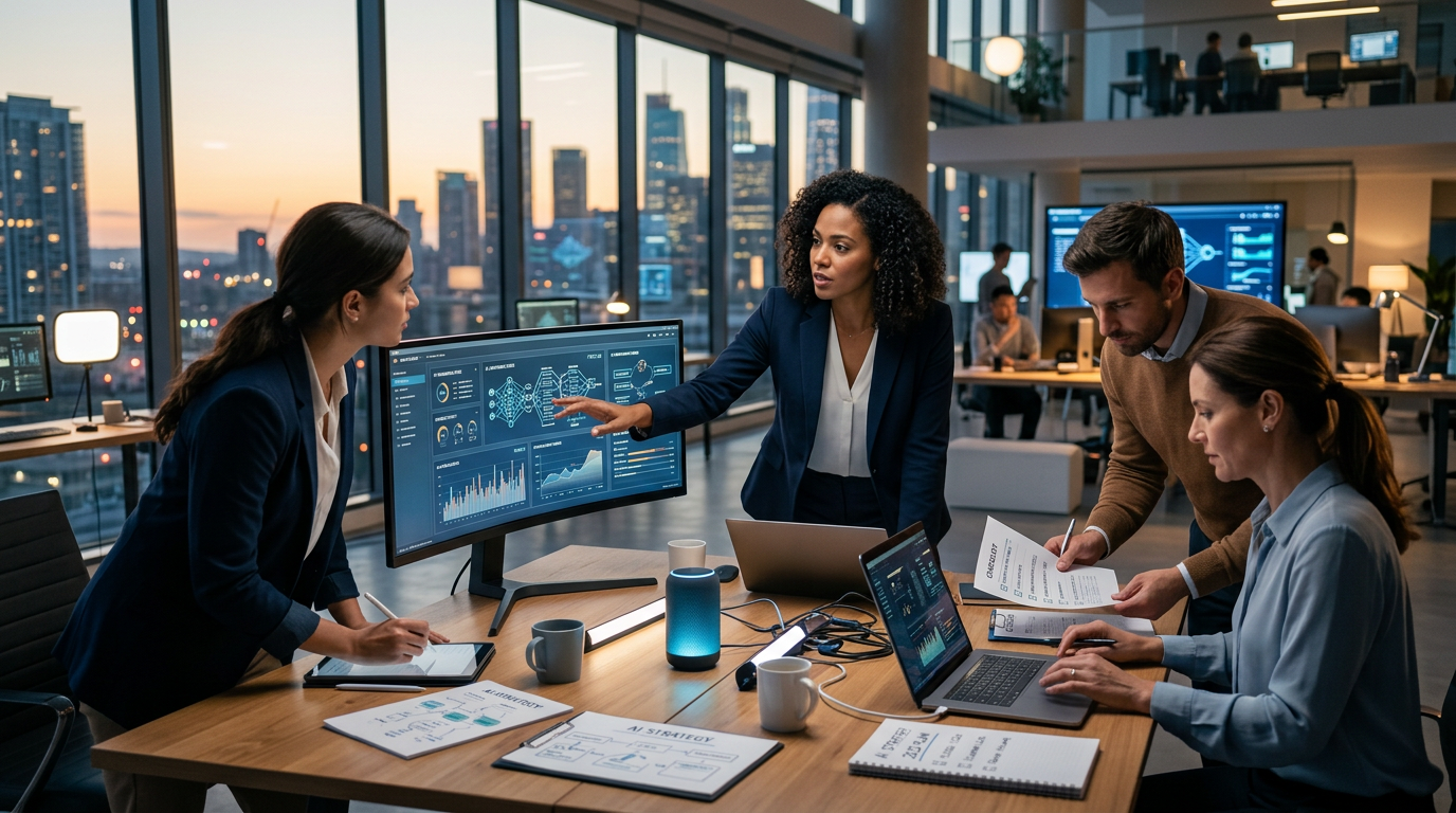 A small business team reviewing a 2025 AI readiness checklist on a tablet in a modern office.