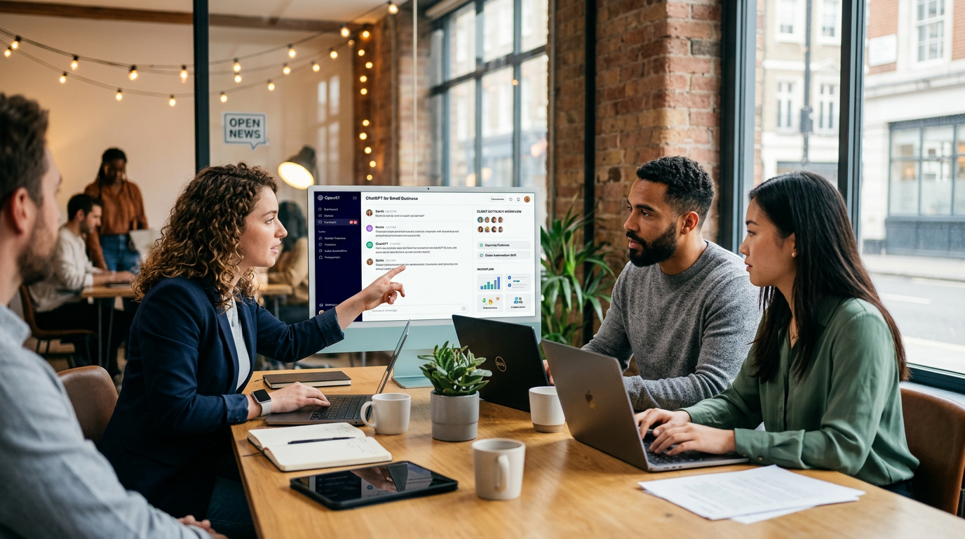 A clean office desk with a laptop showing a business dashboard and an AI chat interface.
