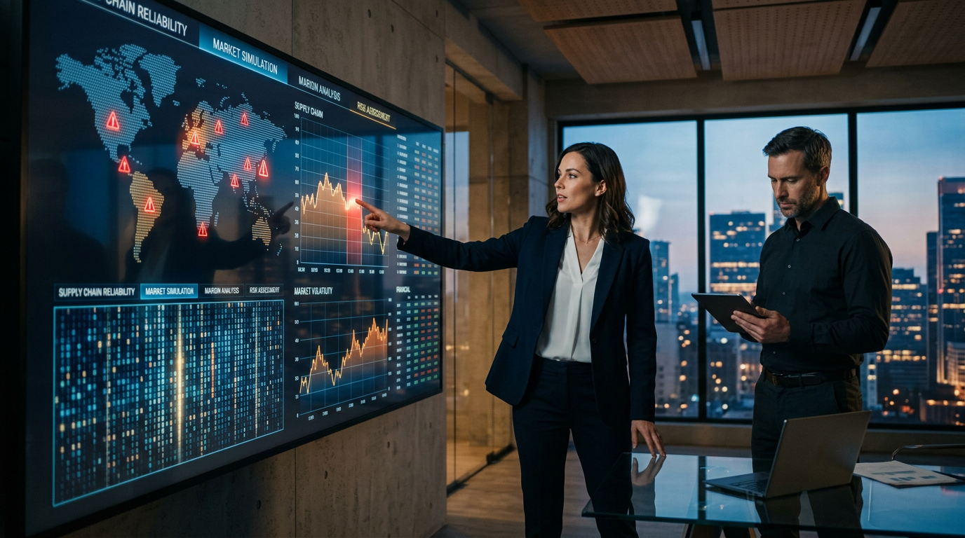 A business owner reviewing financial spreadsheets and supply chain data on a computer screen