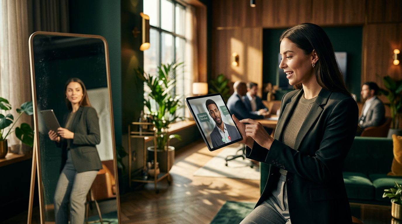 A salesperson practicing a pitch in front of a computer screen showing a realistic AI avatar.