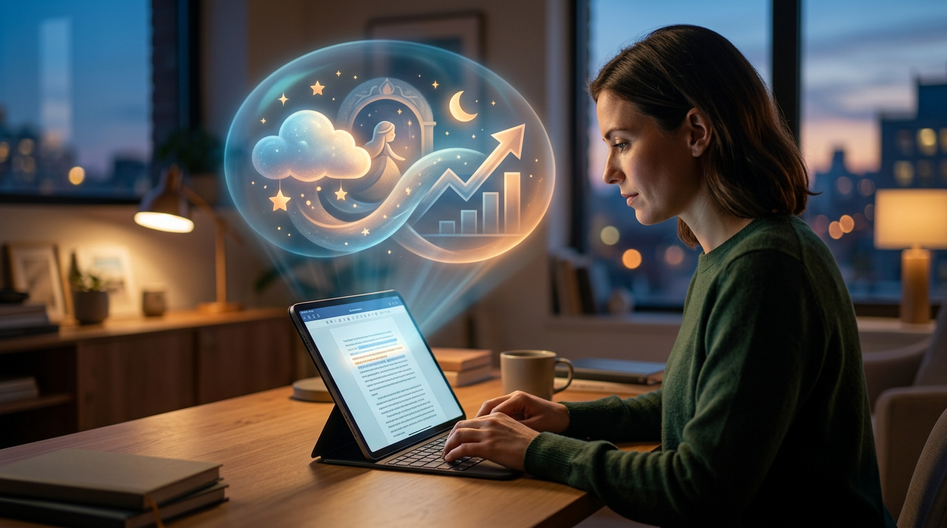 A person using a laptop to craft business stories with AI assistance.