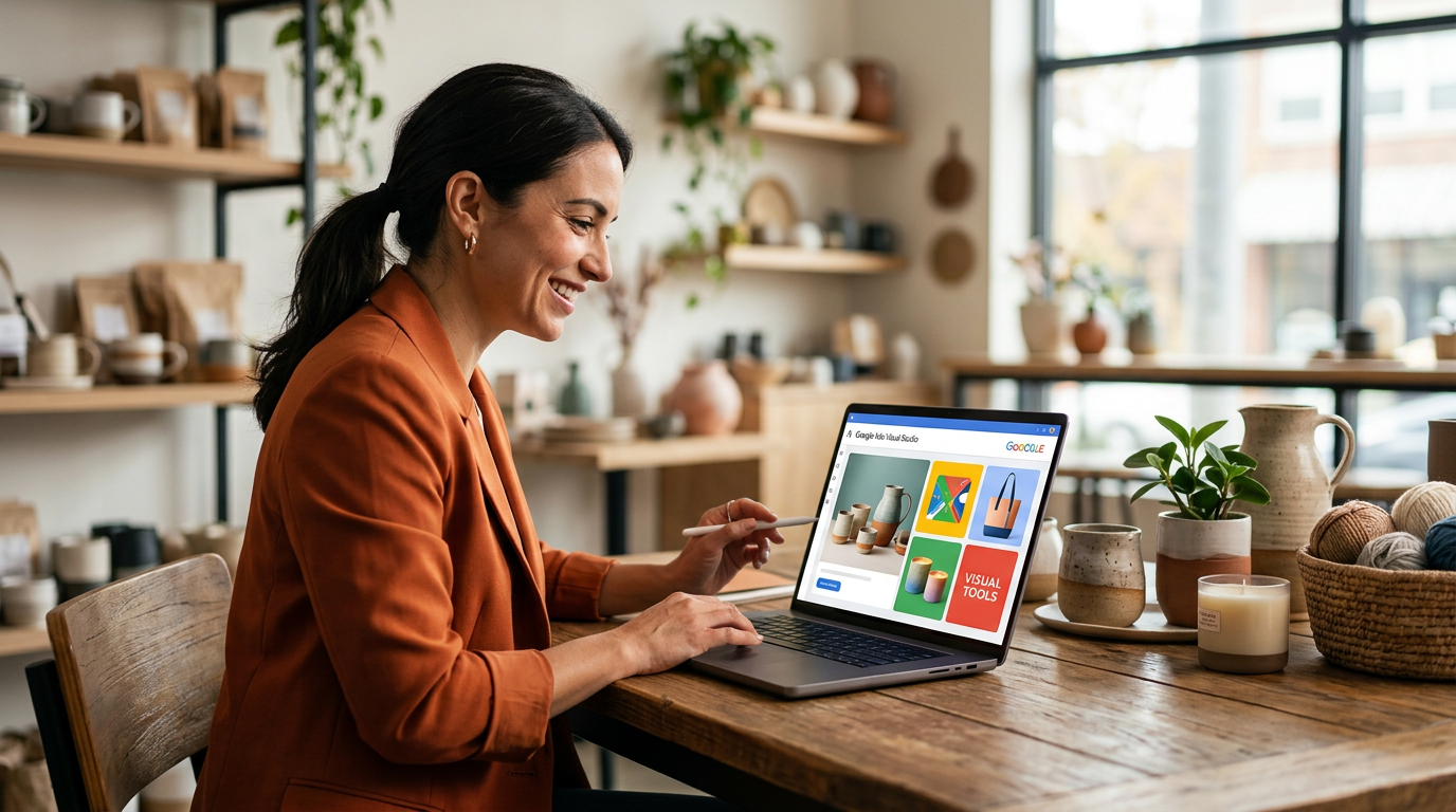 A small business owner using a laptop to manage Google Ads and automated creative tools.