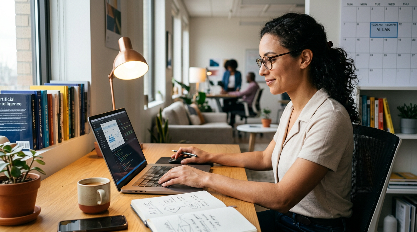 A person sitting at a desk using a laptop for focused AI experimentation.
