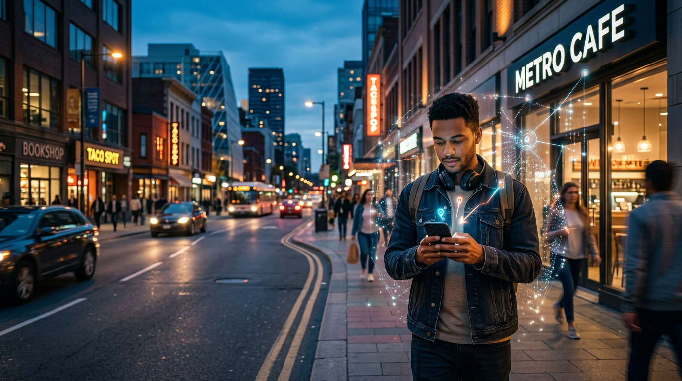 A small business storefront with digital data points connecting it to a smartphone screen.
