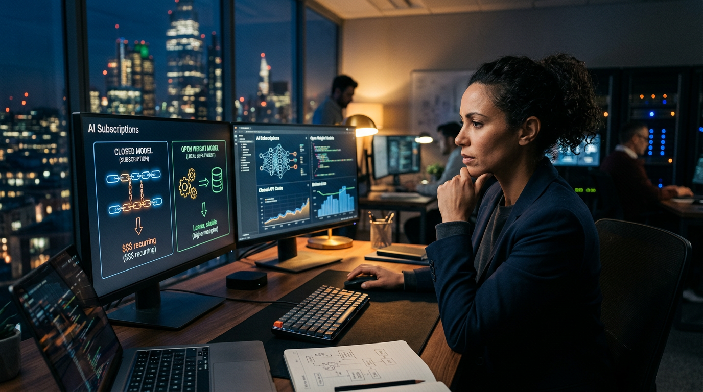 A person looking at a computer screen comparing software costs and AI models.