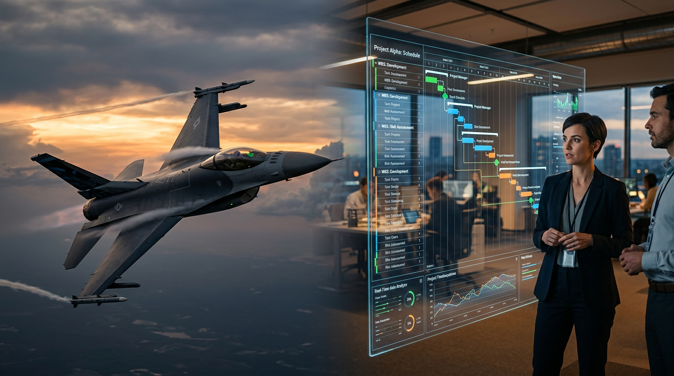 An F-16 fighter jet flying in the sky representing AI decision making for business.