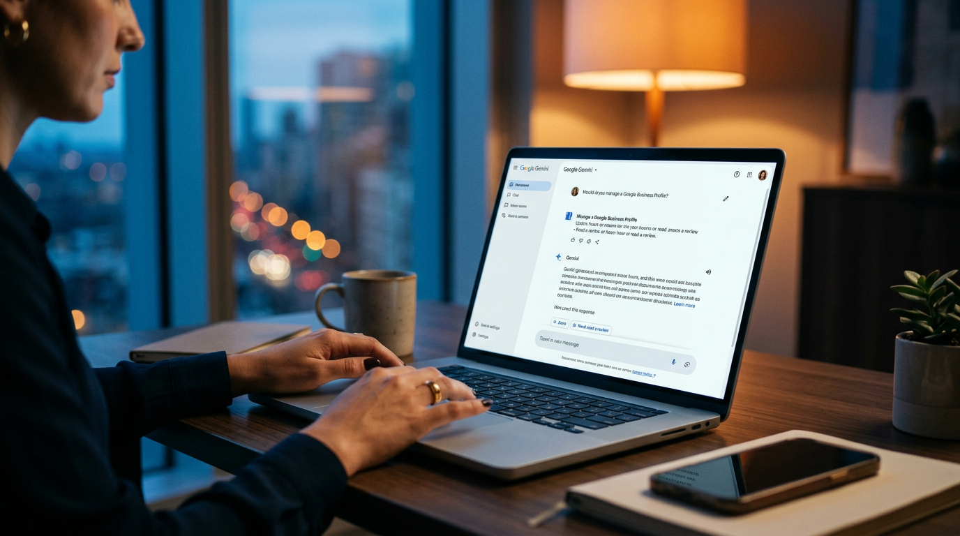 A person using a laptop to manage business settings via a conversational AI chat interface