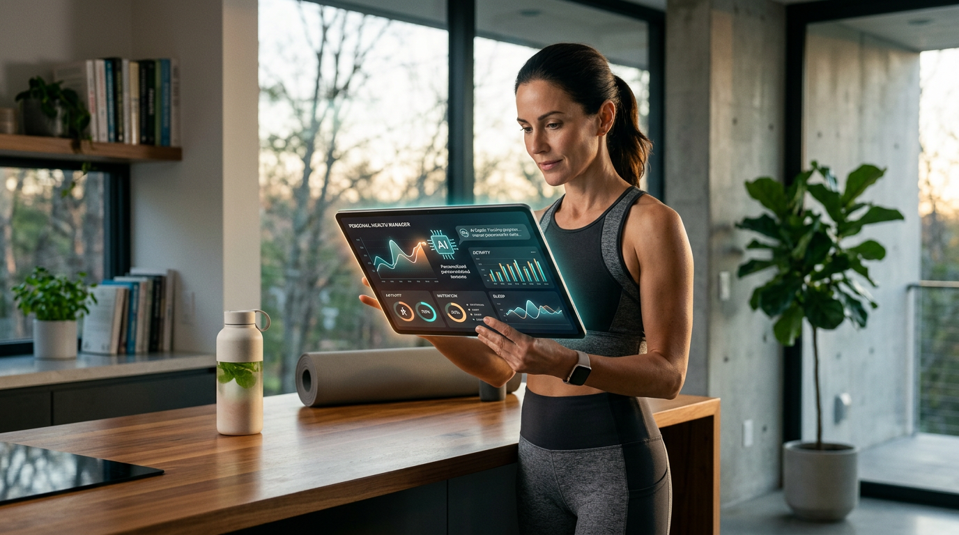 A person checking health data on a smartphone next to a laptop in an office.